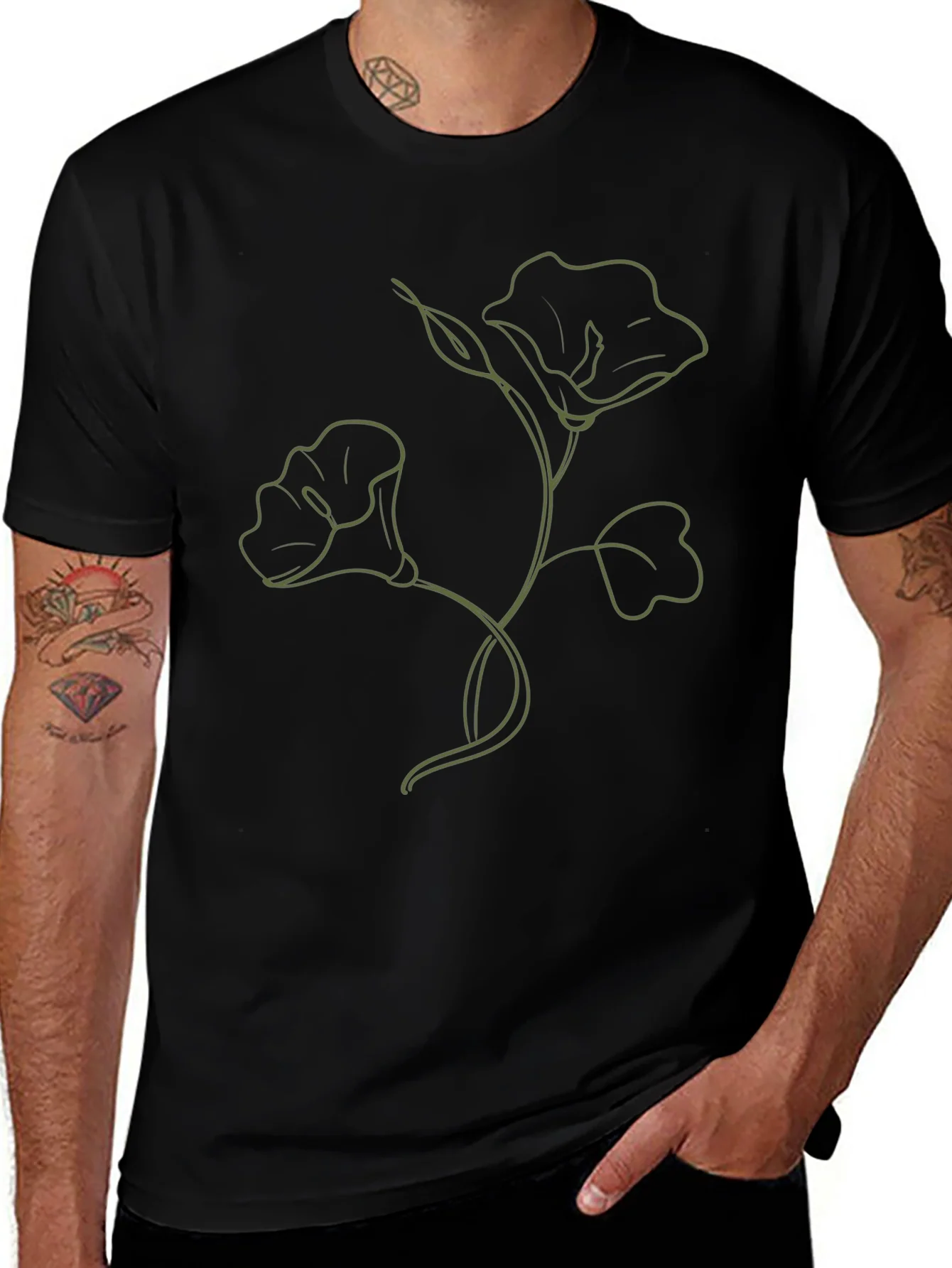 Minimalist Floral Line Art T-Shirt - Black