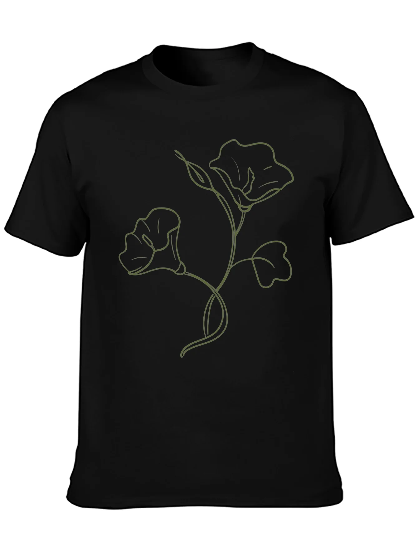 Minimalist Floral Line Art T-Shirt - Black