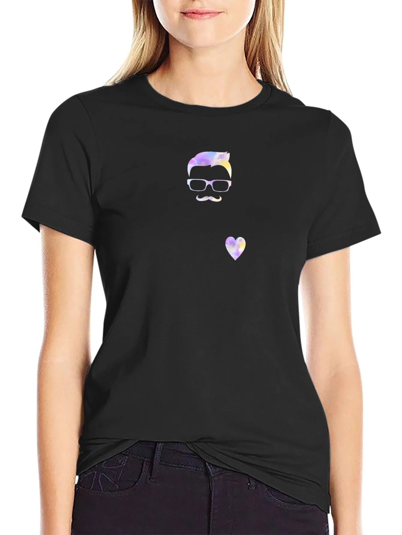Quirky Watercolor Man & Heart Graphic Black T-Shirt