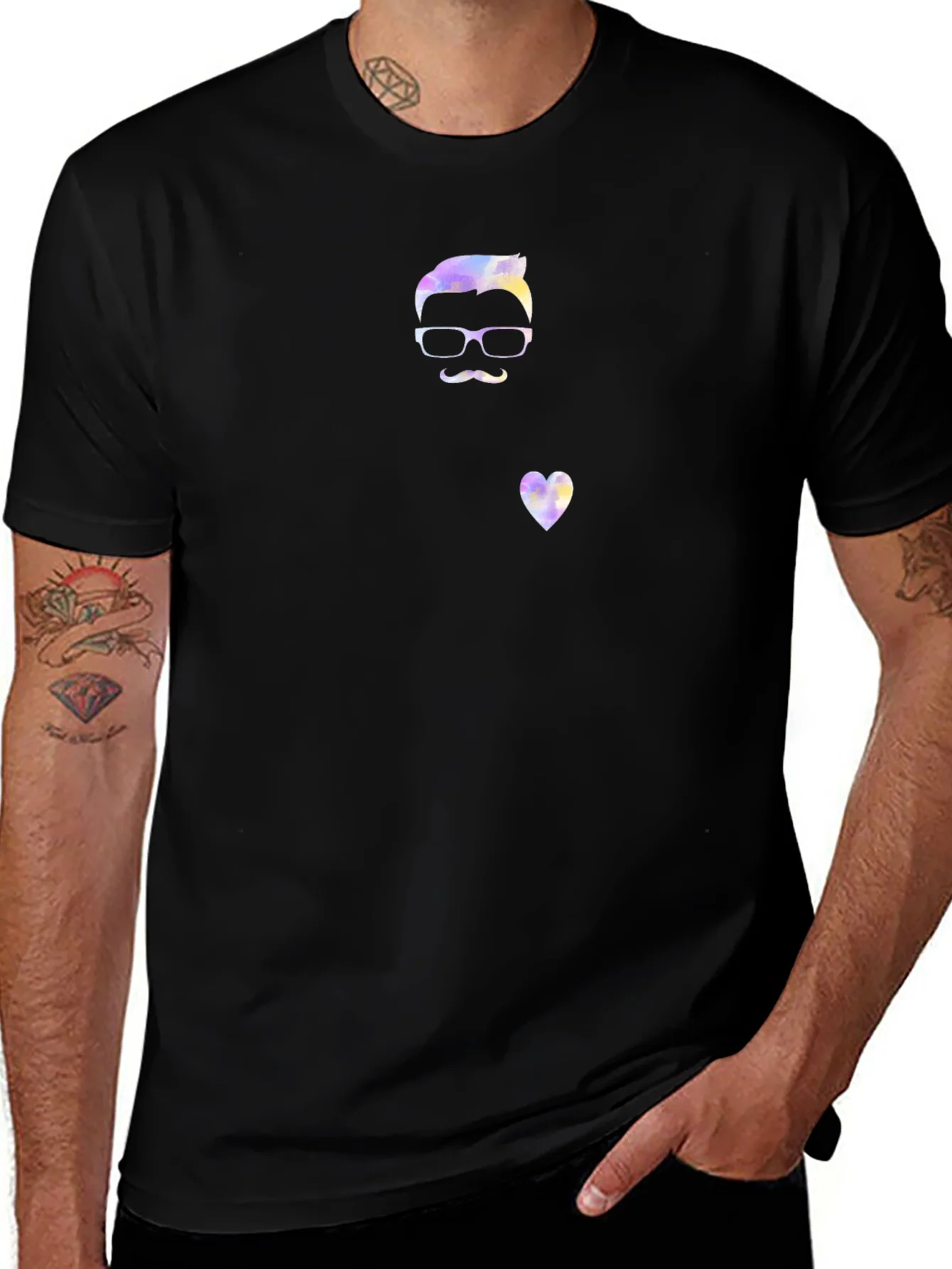 Quirky Watercolor Man & Heart Graphic Black T-Shirt