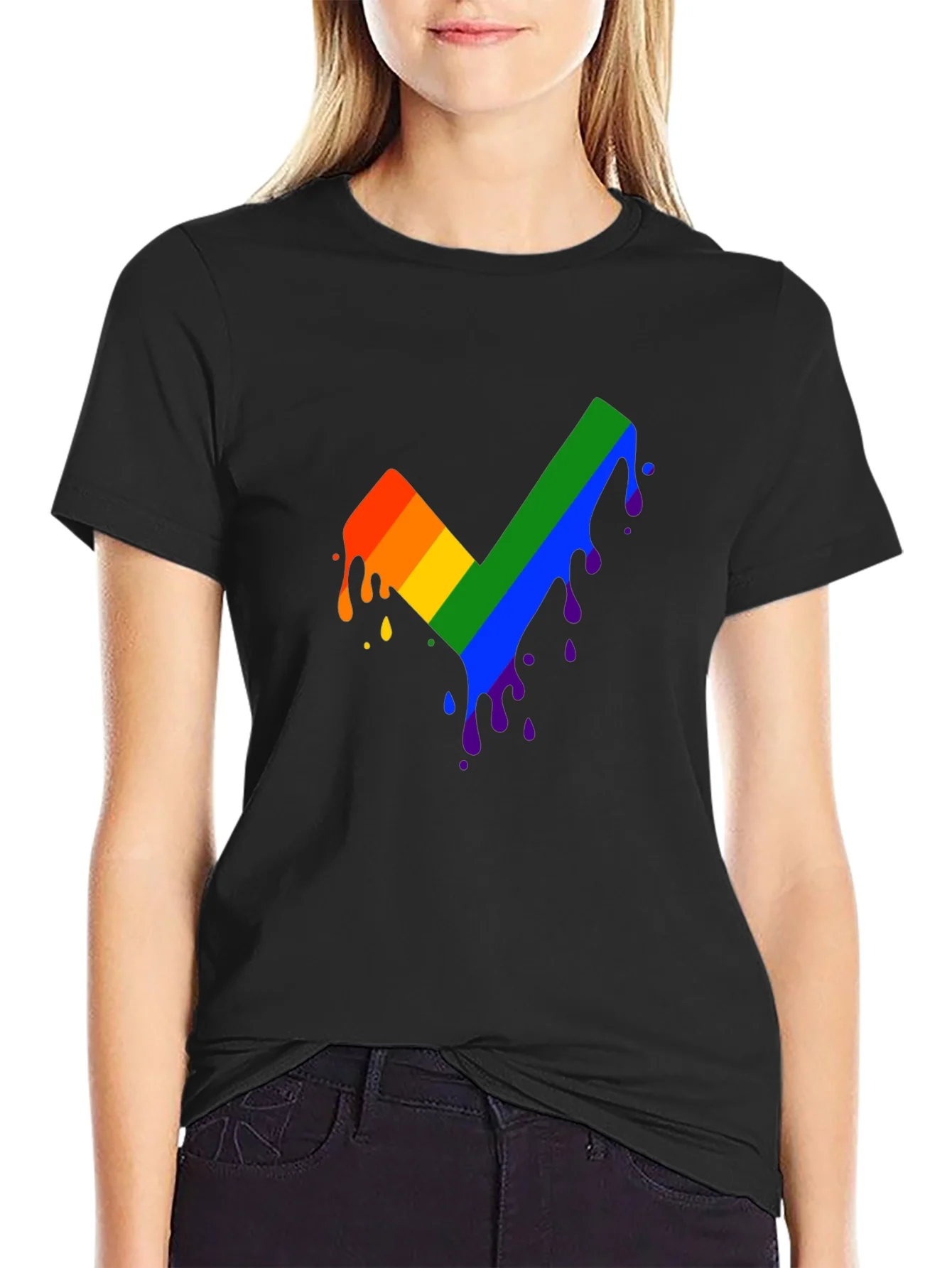 Rainbow Dripping Checkmark Black T-Shirt