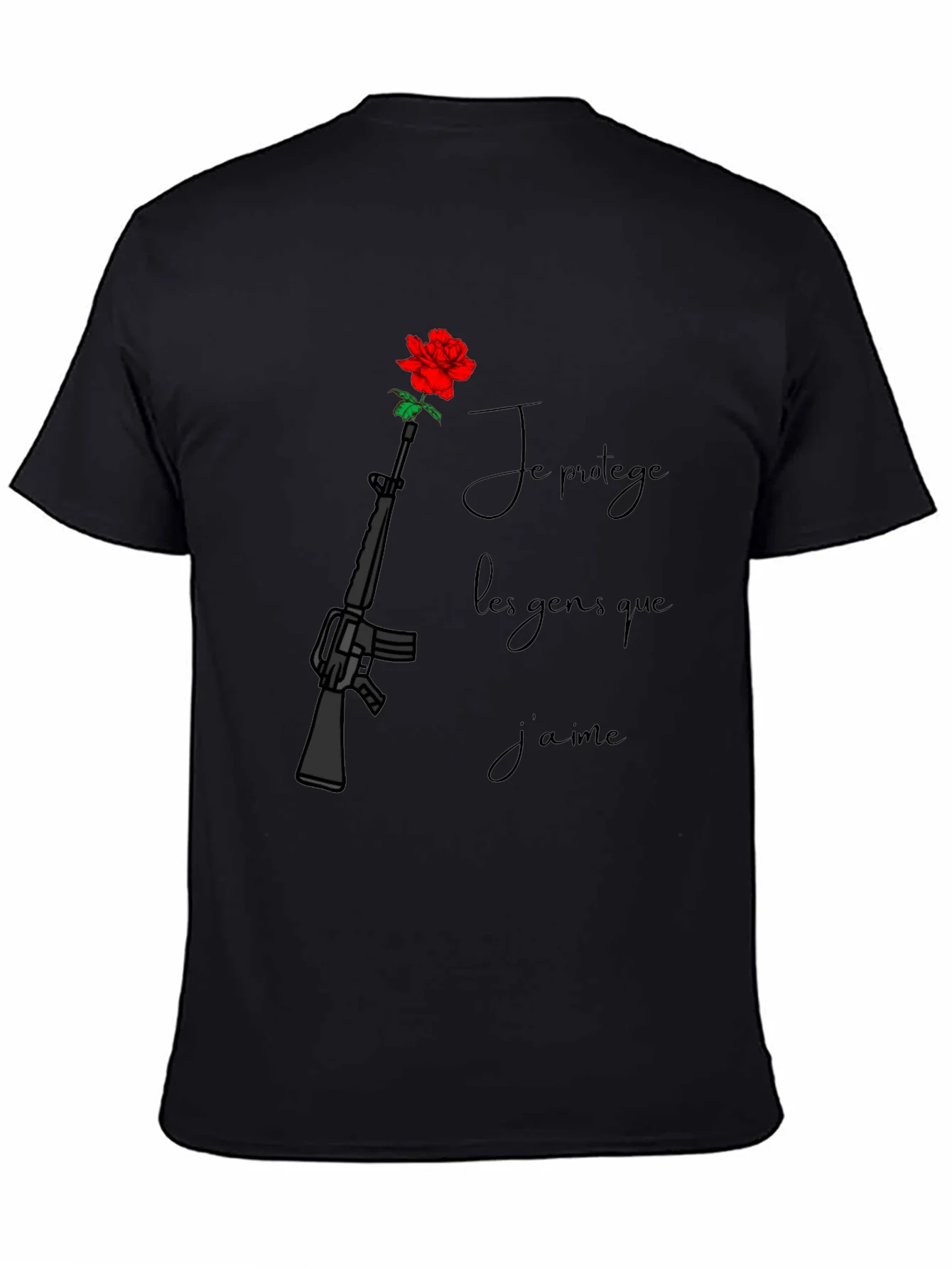 Protective Rose Gun T-Shirt - Je Prot��ge Les Gens Que Jaime